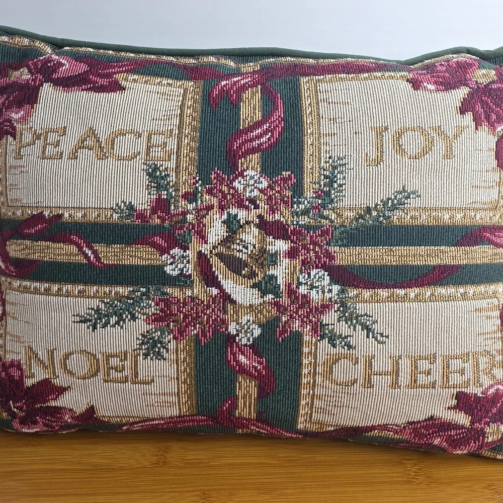 Christmas Tapestry Throw Pillow Peace Joy Noel Cheers Green Holiday Decor 11x16